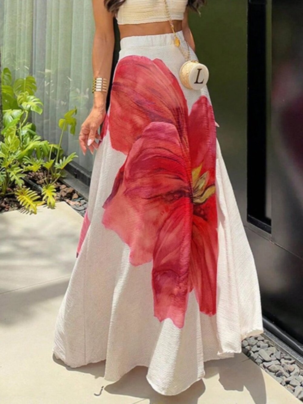 White Elegant Women's Casual Large Floral Print Maxi Skirt